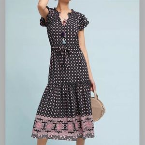 Misa Los Angeles Rayna Printed Black Pink Pom Pom Tassel Midi Dress